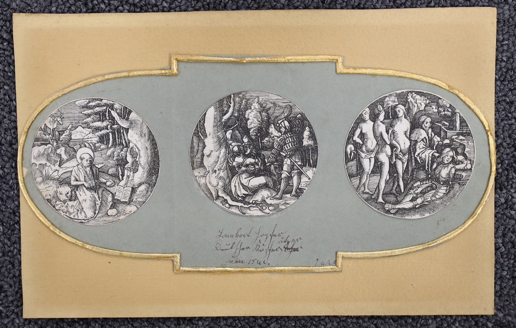 After Durer by Lambert Hopfer. Three engravings in shaped mount; Two couples in landscape, Judgement of Paris and St Jerome praying, B135/134, tondo, 5.5cm, unframed.